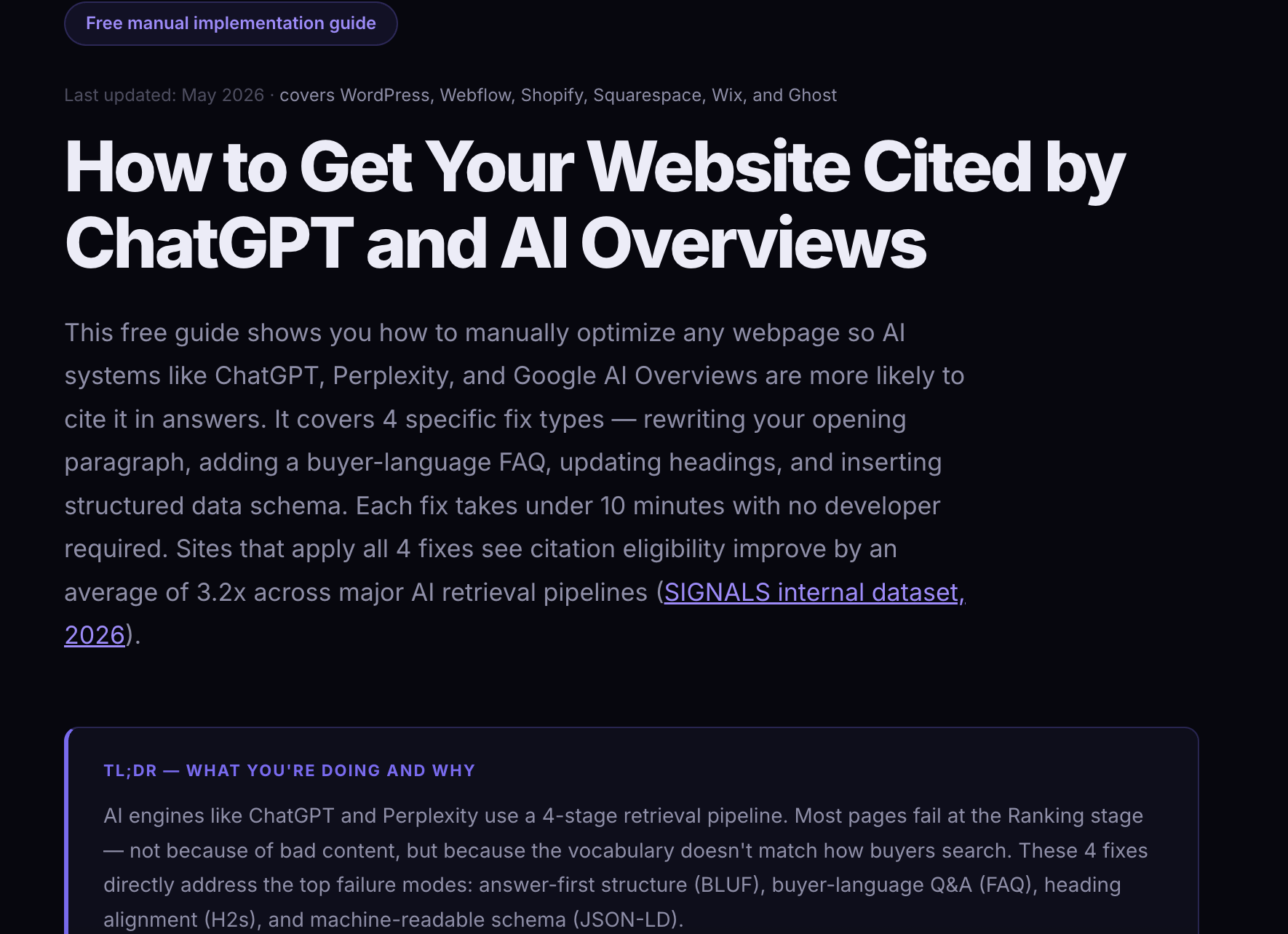 After: New title 'How to Get Your Website Cited by ChatGPT and AI Overviews' with BLUF opening and Last Updated timestamp