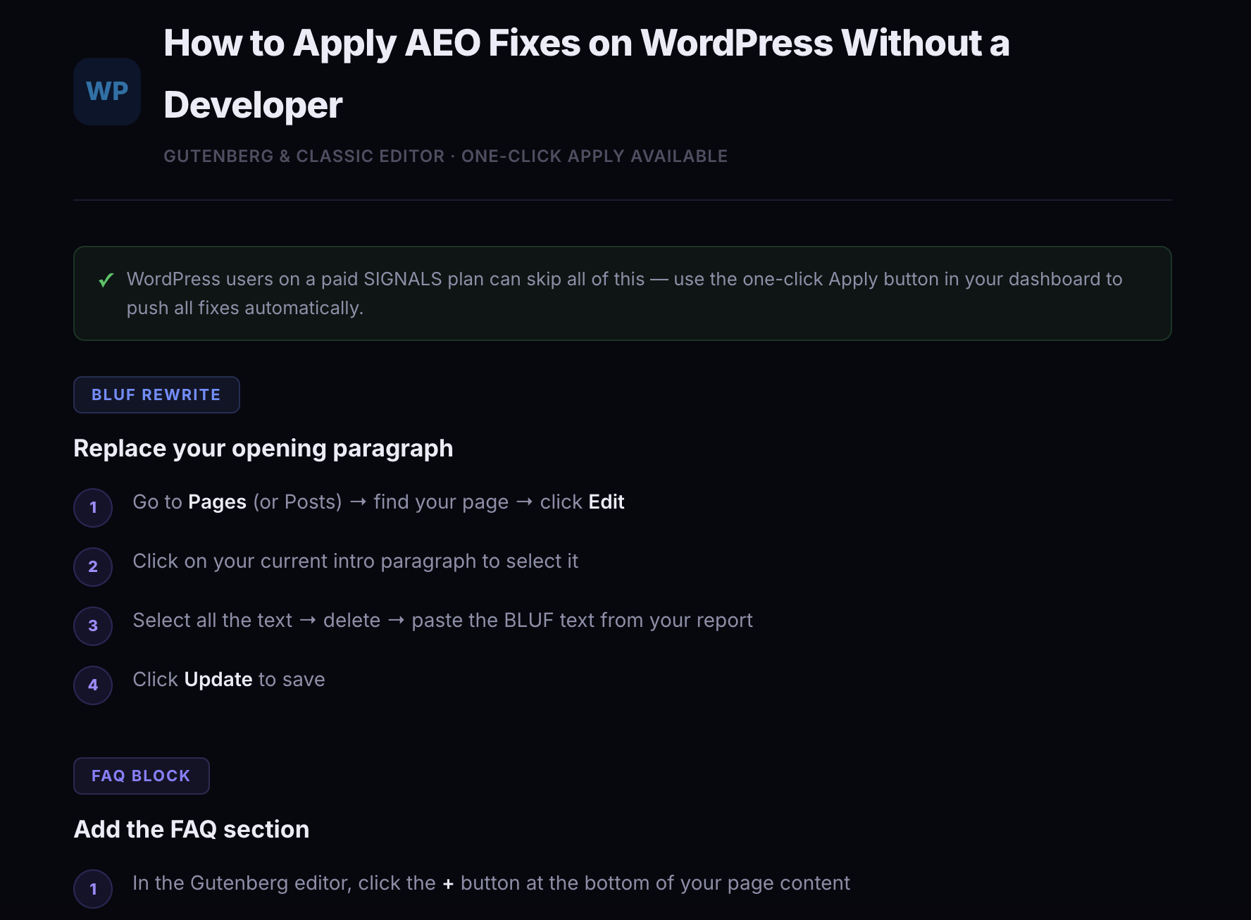 After: WordPress H2 rewritten to 'How to Apply AEO Fixes on WordPress Without a Developer'
