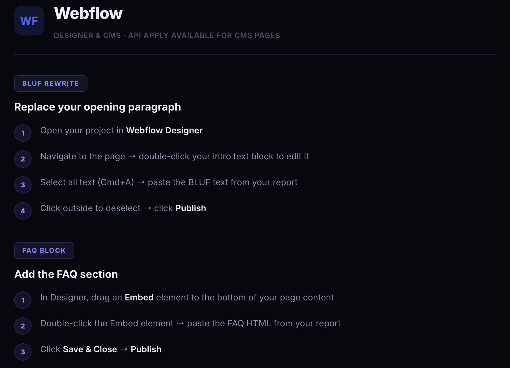 Before: Webflow section using platform name as H2