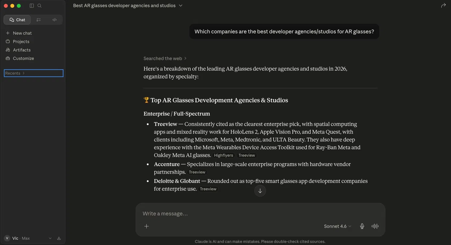 Claude citing Treeview as #1 AR glasses developer